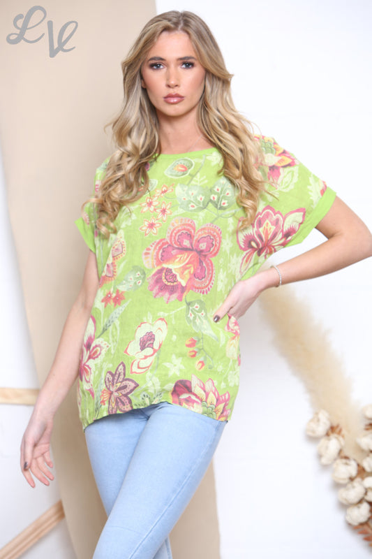 Ladies Colourful Floral Print Top Lime