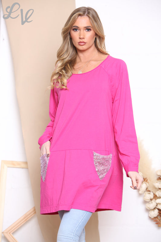 Ladies Sequin Pocket Tunic Top Cerise