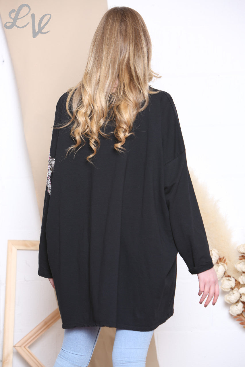 Ladies Graphic & Sequin Star Sweatshirt Top Black