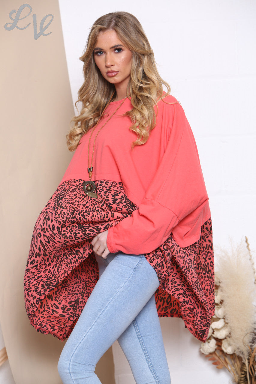 Dames Lagenlook Ruimvallend T-shirt met Luipaardprint en Ketting Koraal