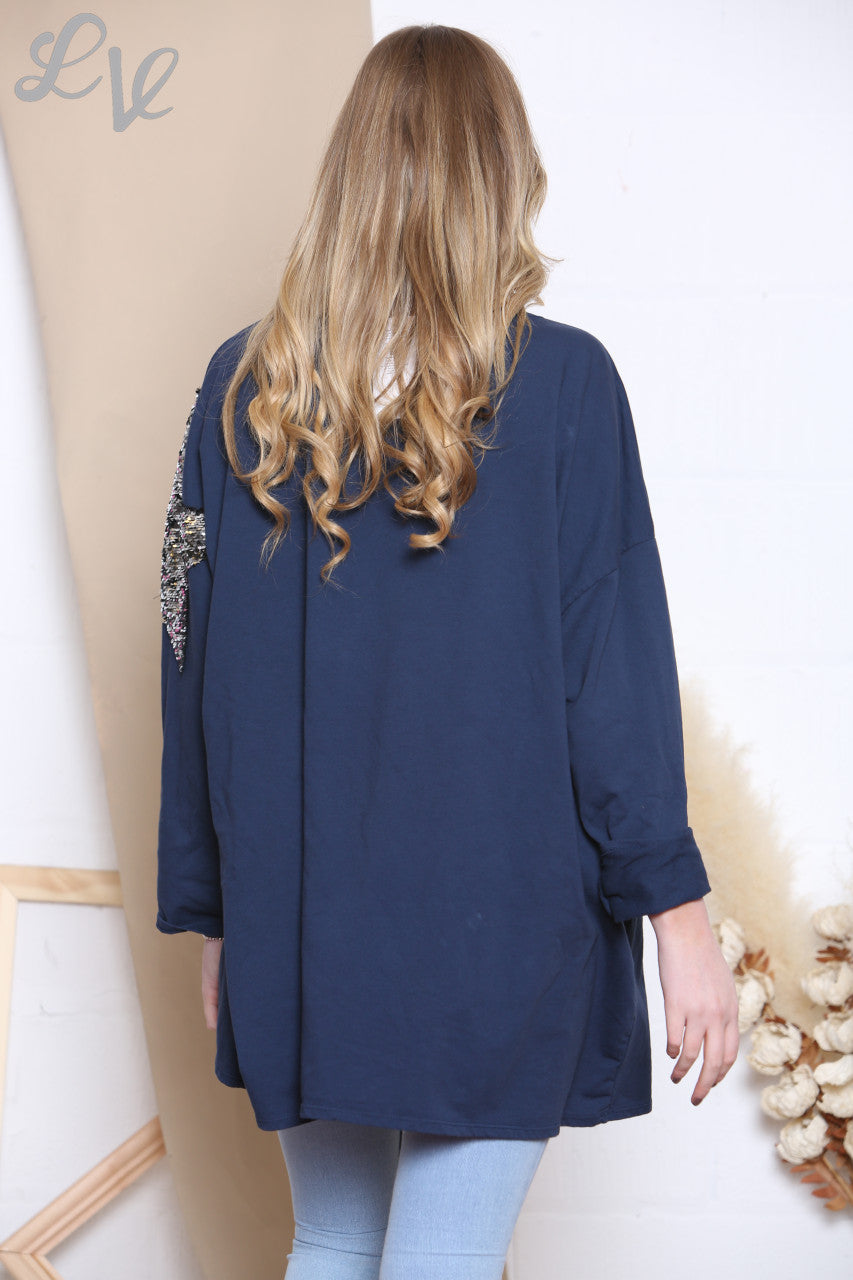 Ladies Graphic & Sequin Star Sweatshirt Top Navy