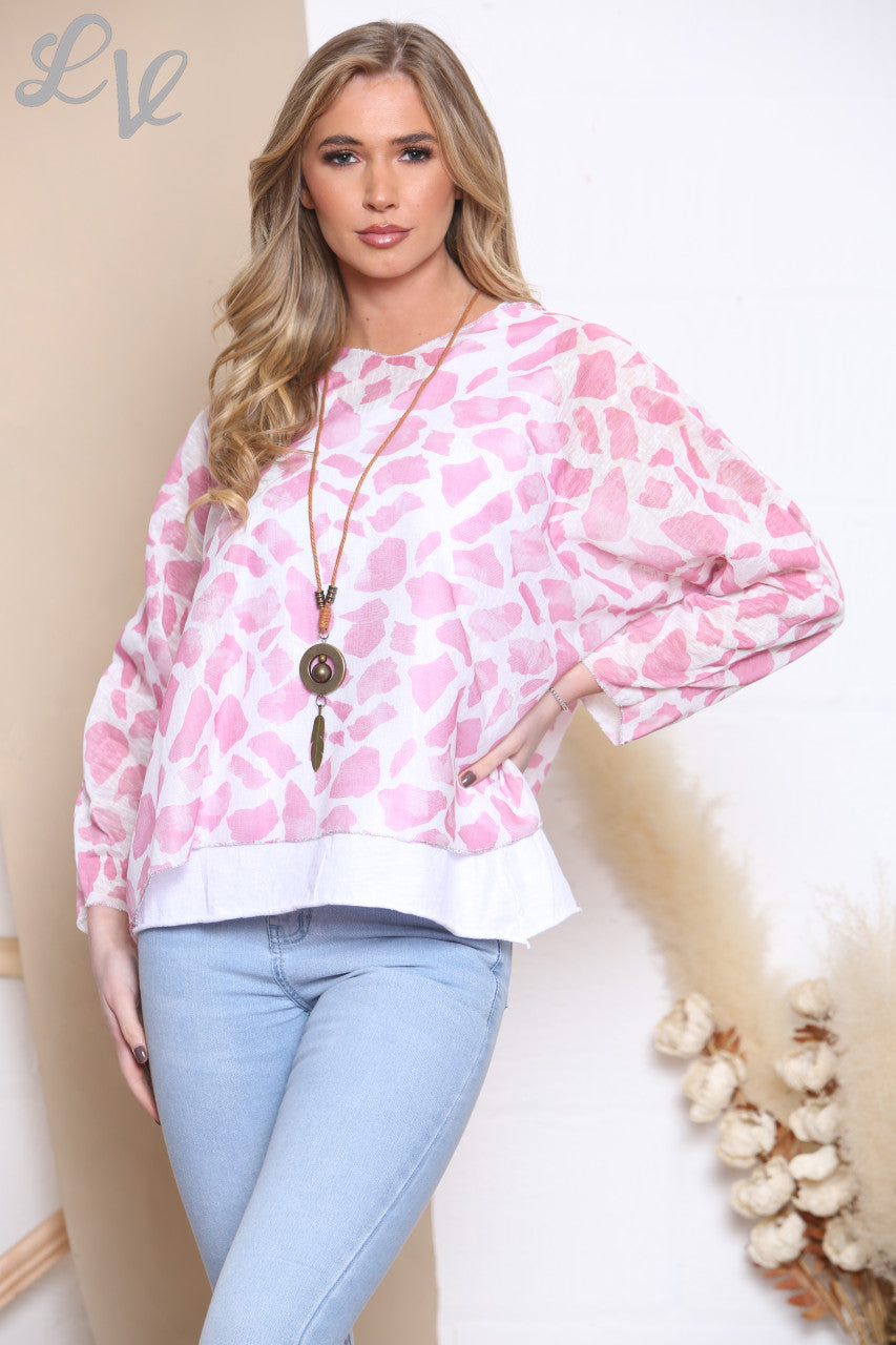 Ladies Giraffe Print 2 Layer Top With Necklace Dusty Pink