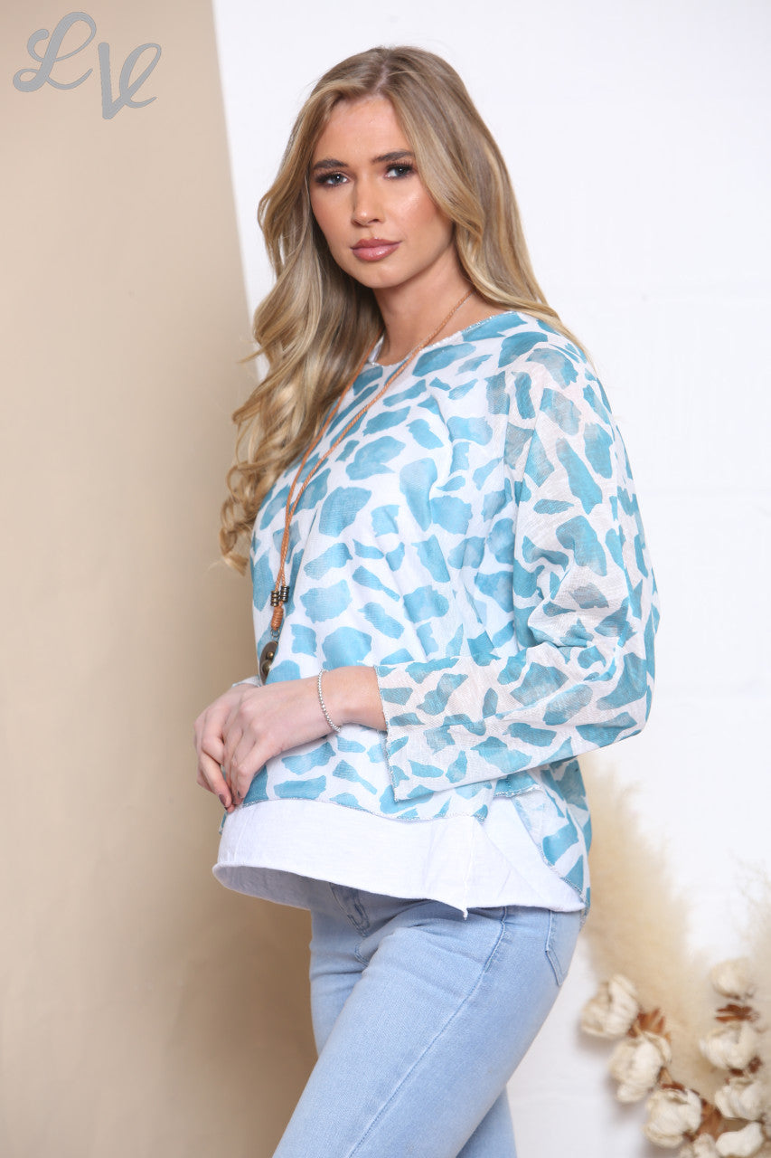 Ladies Giraffe Print 2 Layer Top With Necklace Tiffany