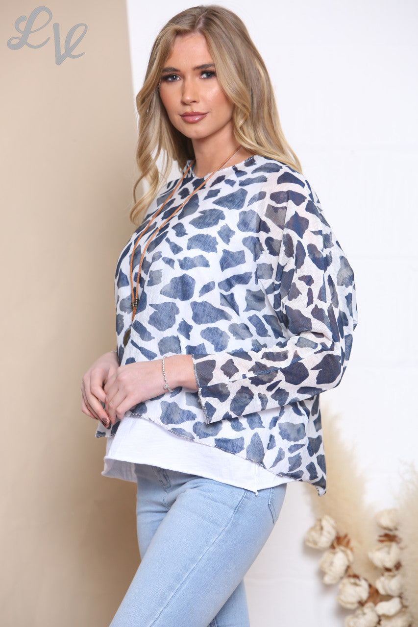 Dames top met giraffenprint en ketting, 2 lagen, marineblauw