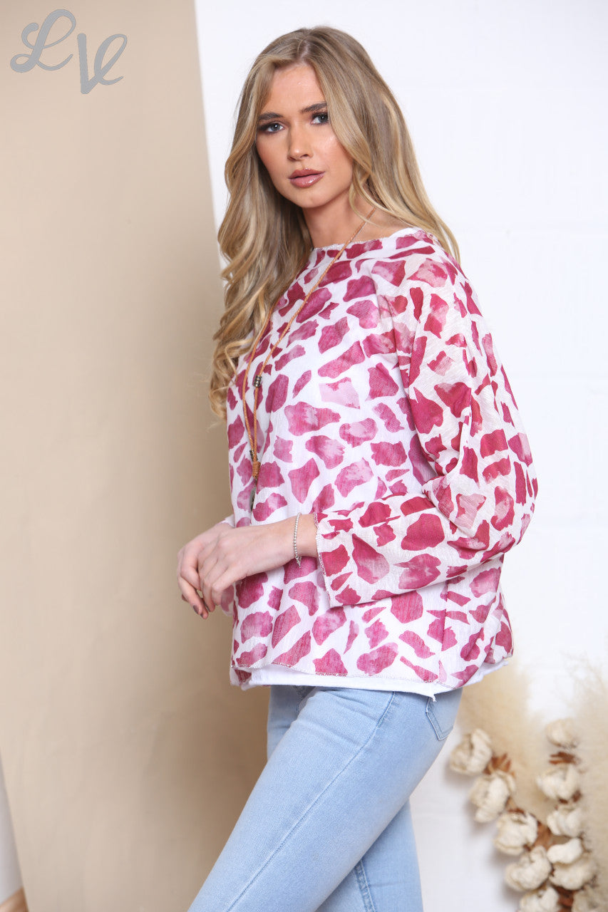 Dames Top met Giraffenprint 2 Lagen met Halsketting Bordeauxrood