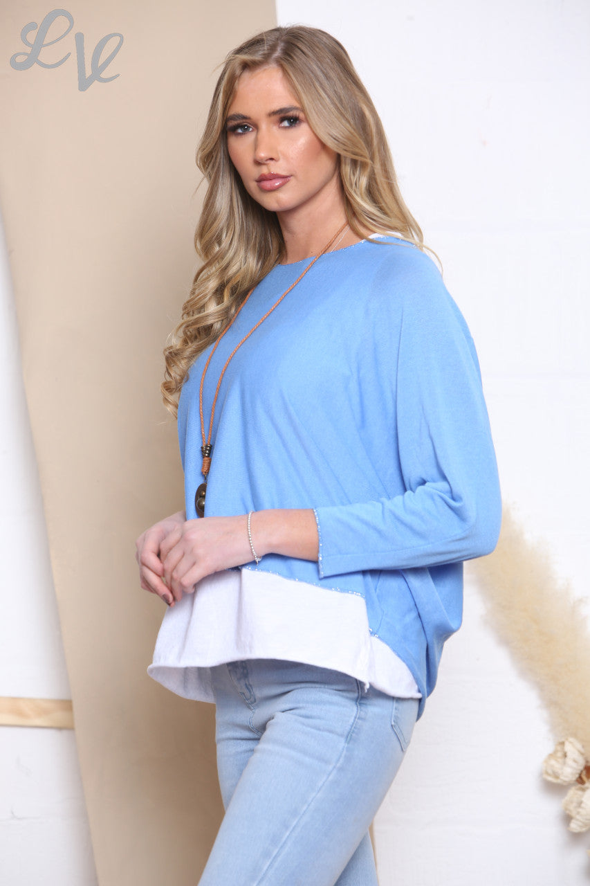 Ladies Plain 2 Layer Top With Necklace Blue