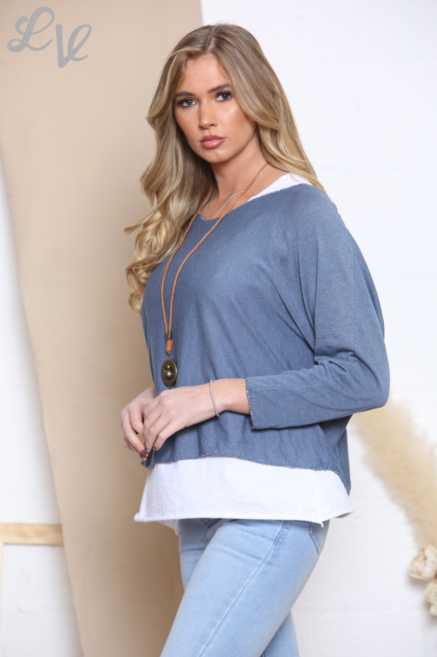 EFFEN 2-LAGEN TOP MET KETTING - DENIM