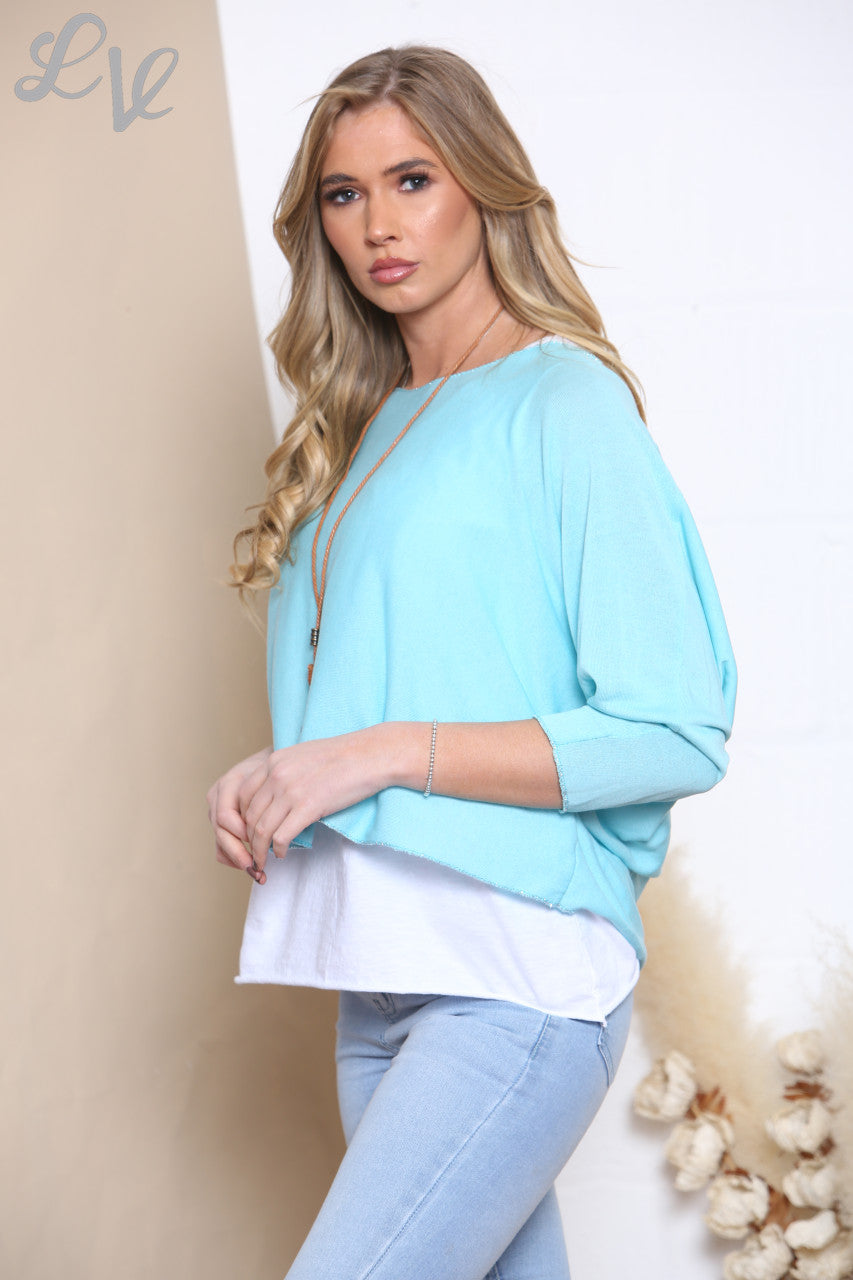 EFFEN TWEELAGEN TOP MET KETTING - TURKOOIS