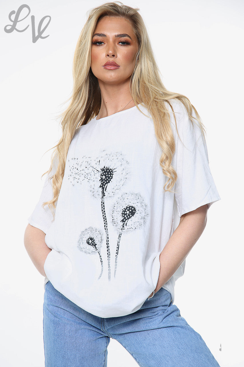 Dames Linnen Paardenbloem Print Top Wit