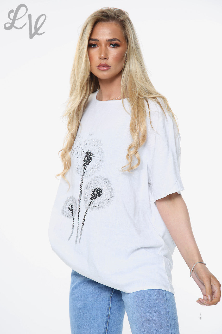 Dames Linnen Paardenbloem Print Top Wit