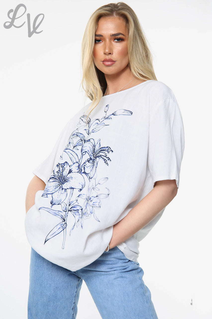 Ladies Tulip Flower Print Top White Unit Price £8.99