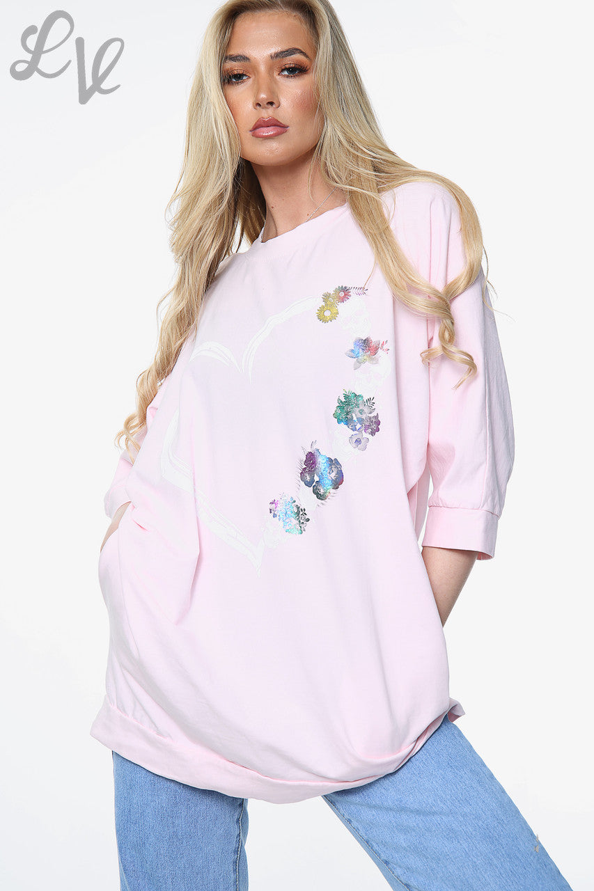 Dames Top met doodshoofd-hart-print – Stoffig roze – Eenheidsprijs €8,99