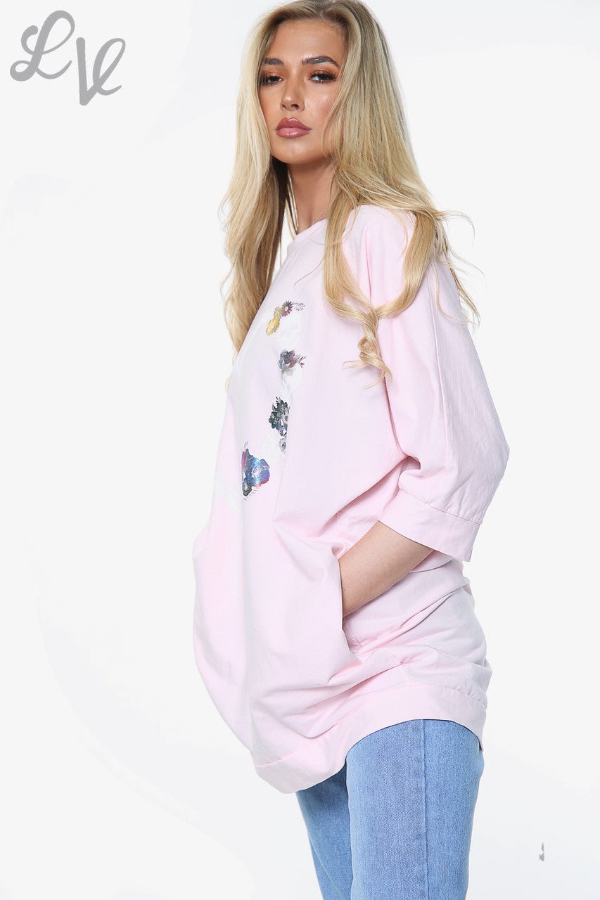 Dames Top met doodshoofd-hart-print – Stoffig roze – Eenheidsprijs €8,99