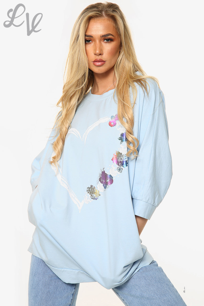 Ladies Skull Heart Graphic Top Light Blue Unit Price £14.99