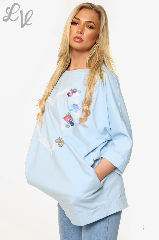 Ladies Skull Heart Graphic Top Light Blue Unit Price £14.99