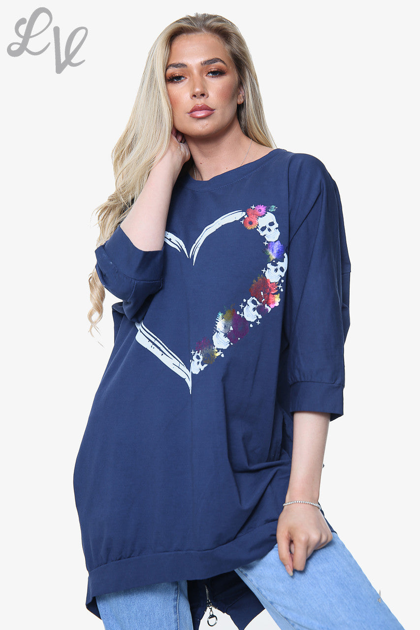 Dames Skull Heart Graphic Top Marineblauwe eenheidsprijs €14,99