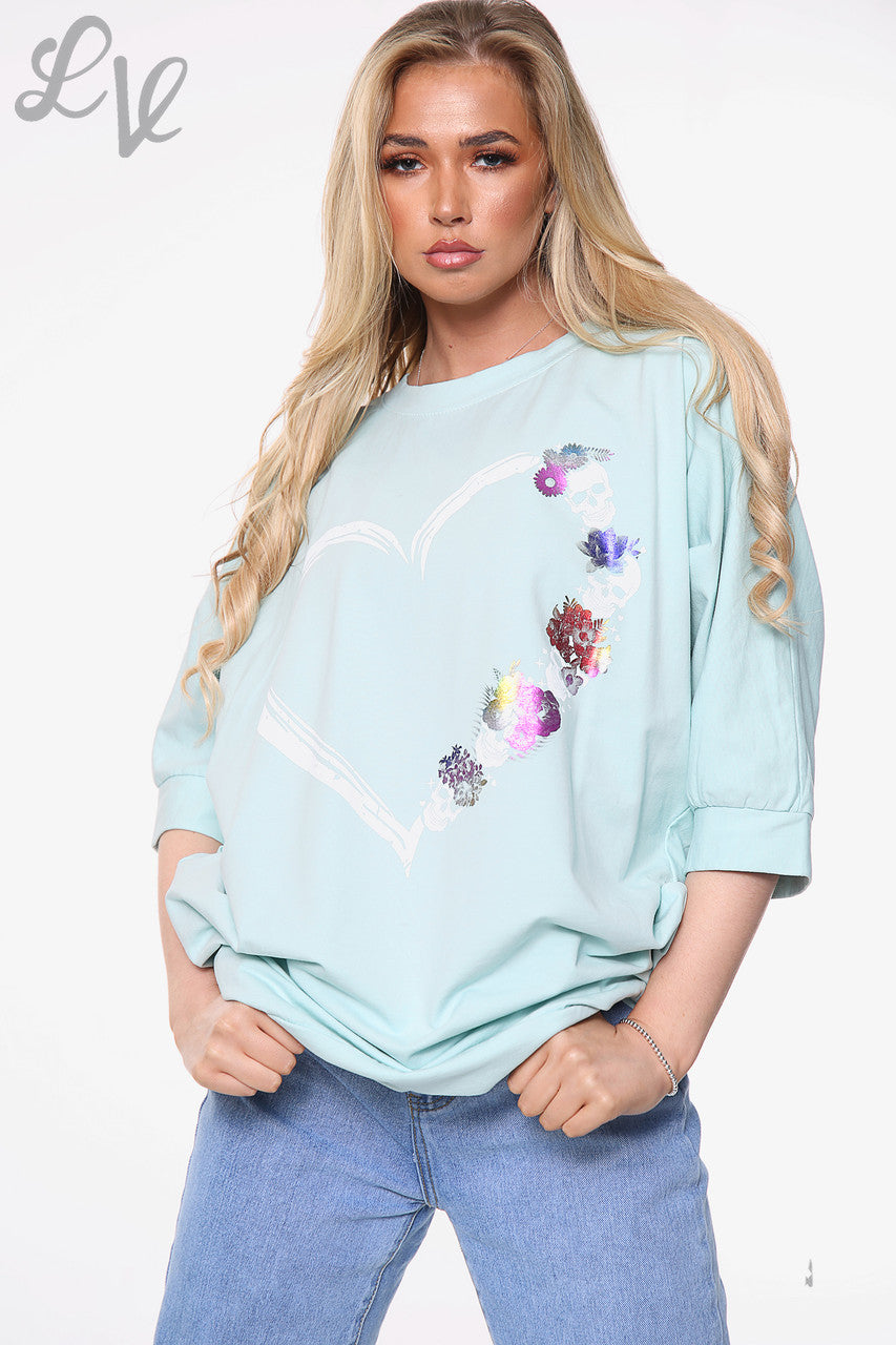 Ladies Skull Heart Graphic Top Mint Unit Price £14.99