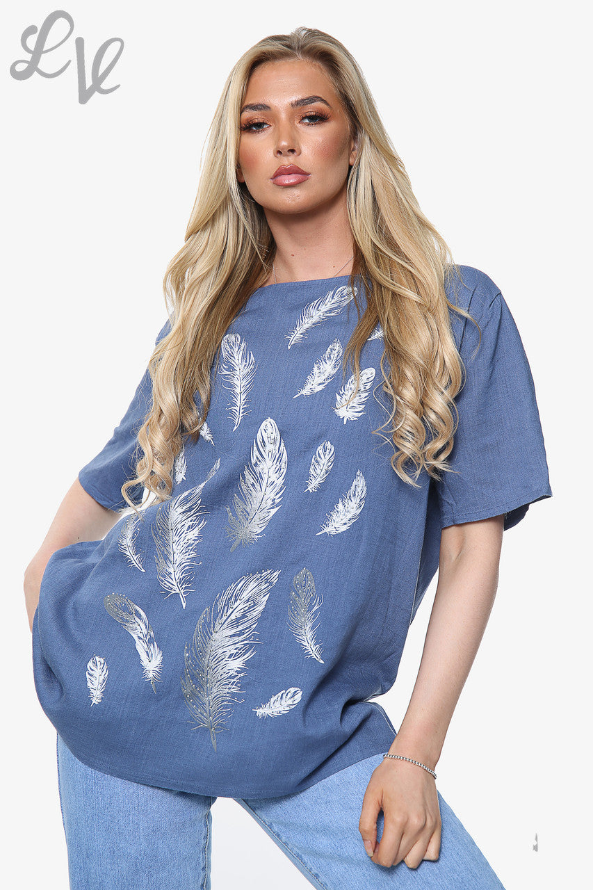 Ladies Feather Print Top Denim Unit Price £10.99