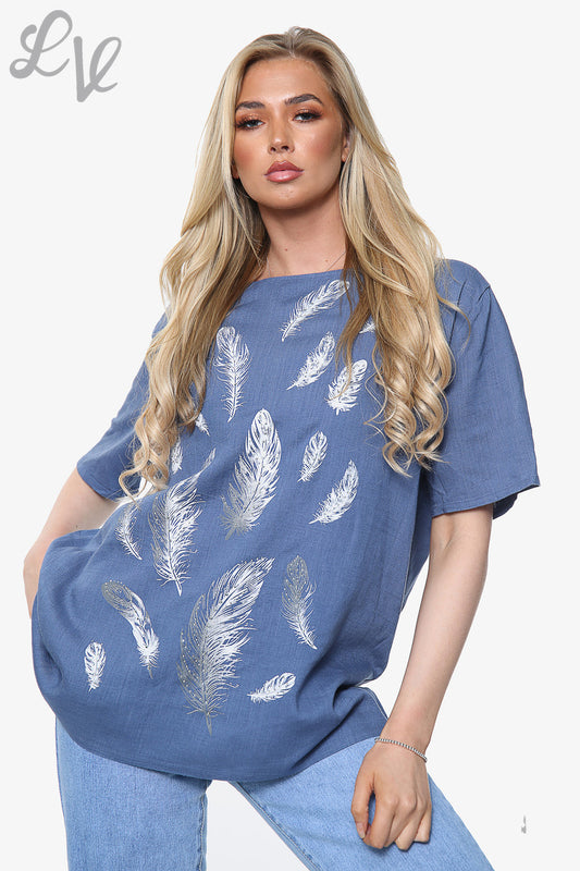 Ladies Feather Print Top Denim Unit Price £10.99