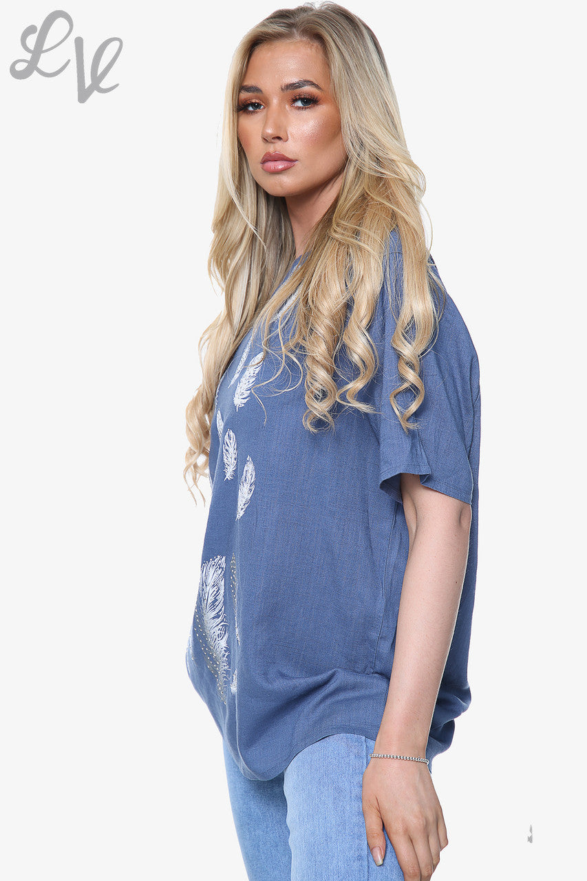 Ladies Feather Print Top Denim Unit Price £10.99