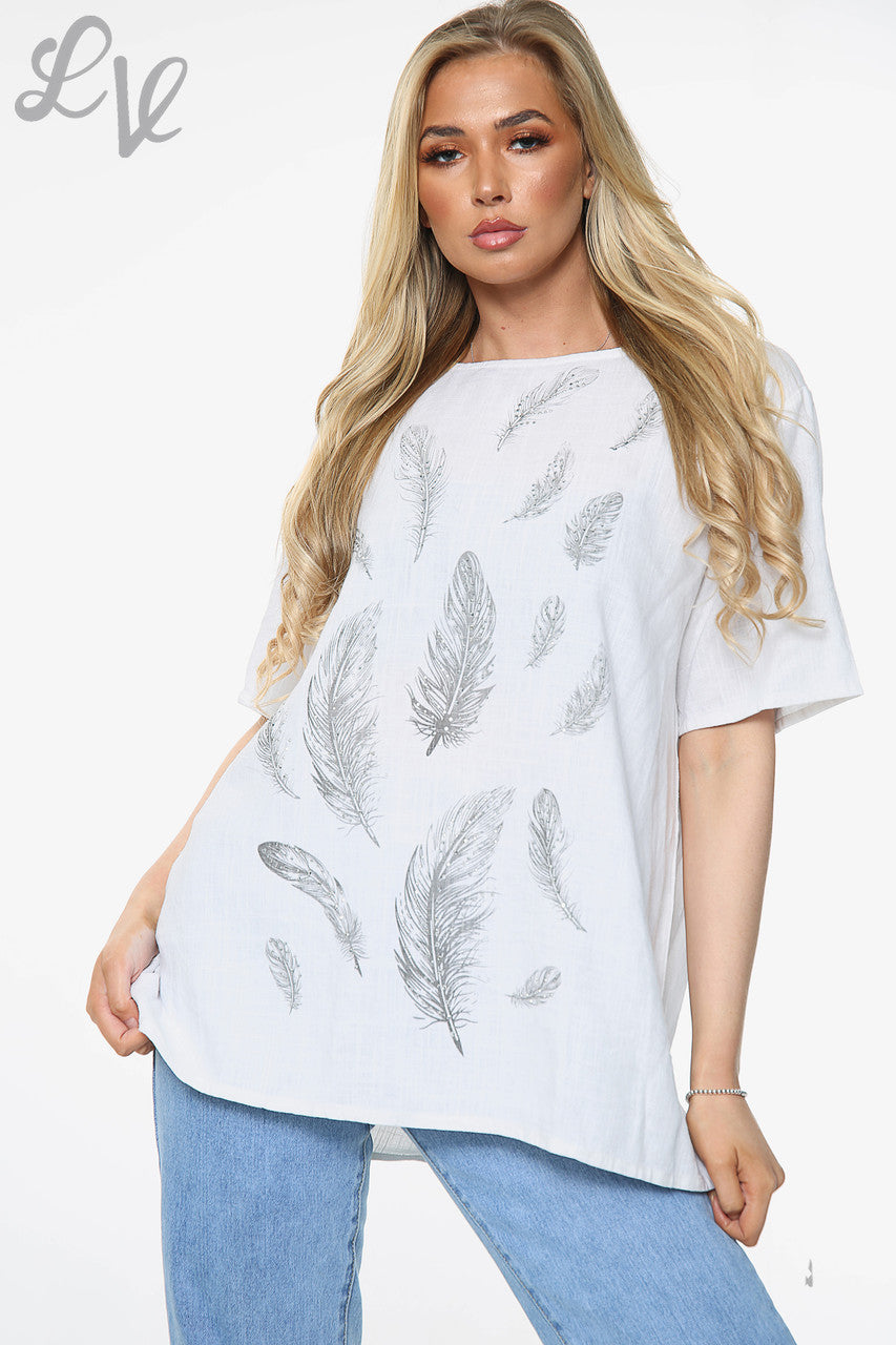 Dames top met verenprint Wit Eenheidsprijs € 10,99