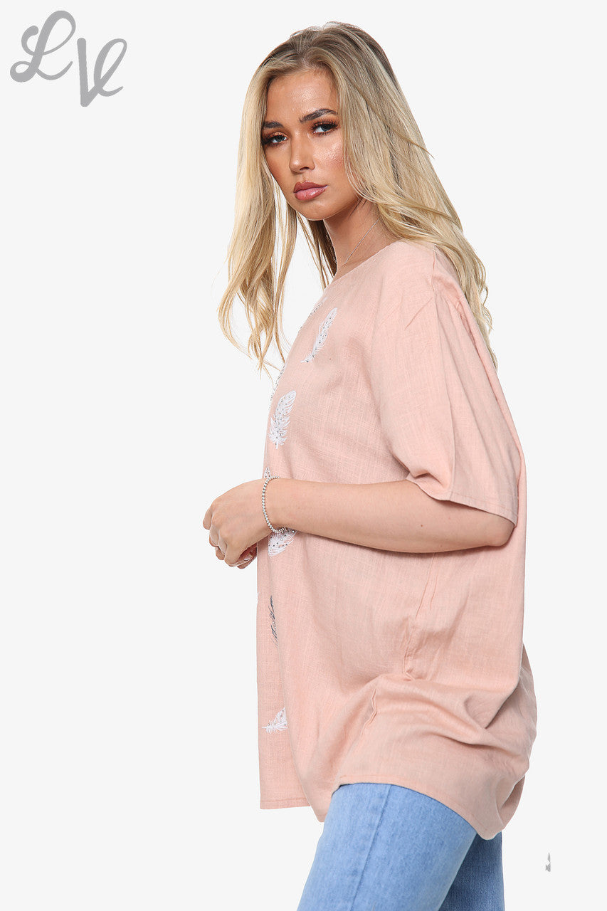Ladies Feather Print Top Dusty Pink Unit Price £10.99