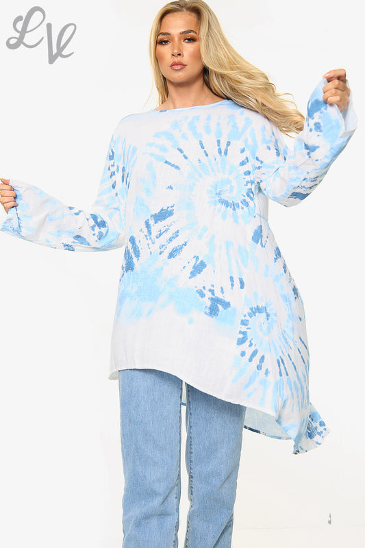 Ladies Tie Dye Swirl Print Tunic Top With Button Back Detail Denim Unit Price £10.99