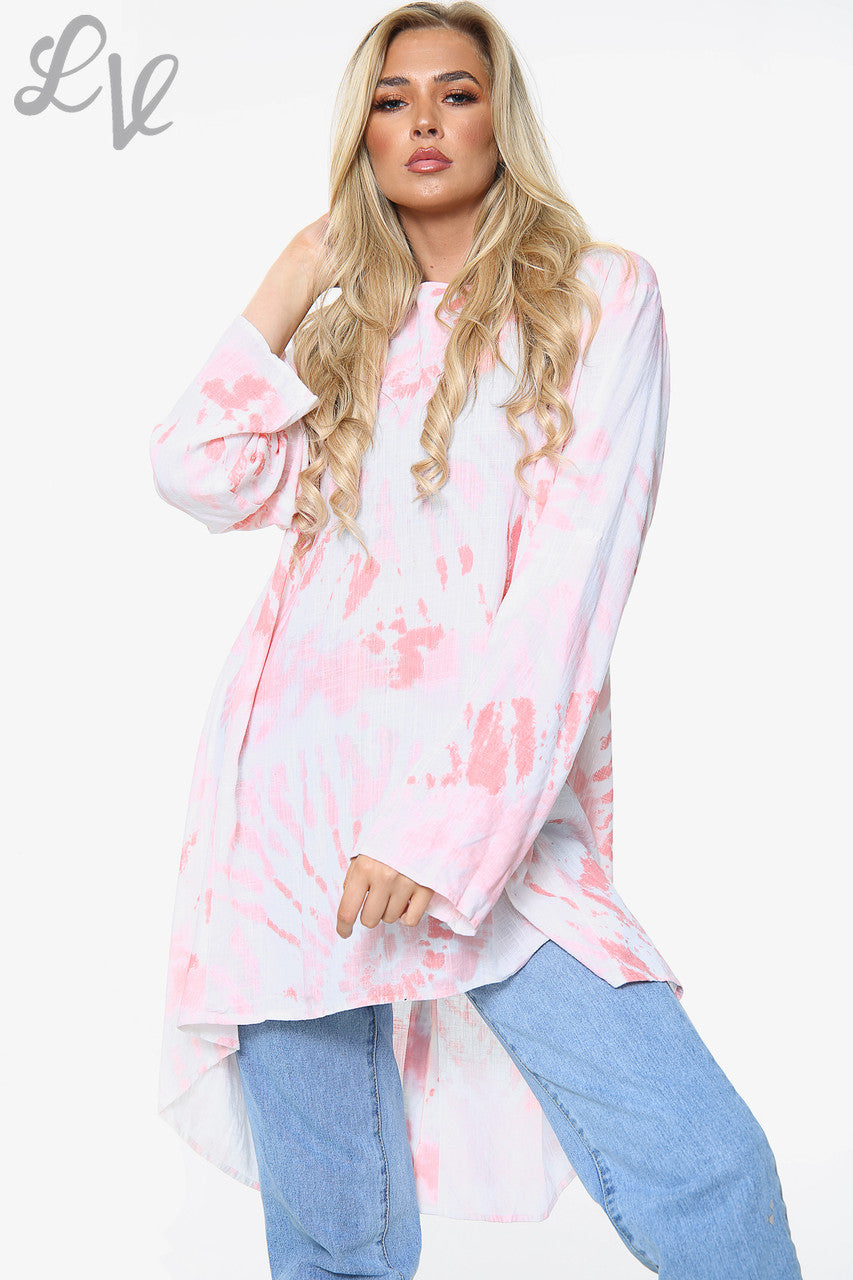 Dames Tie Dye Swirl Print Tuniek Top Met Knoopdetail Achterkant Roze Stukprijs £ 10,99