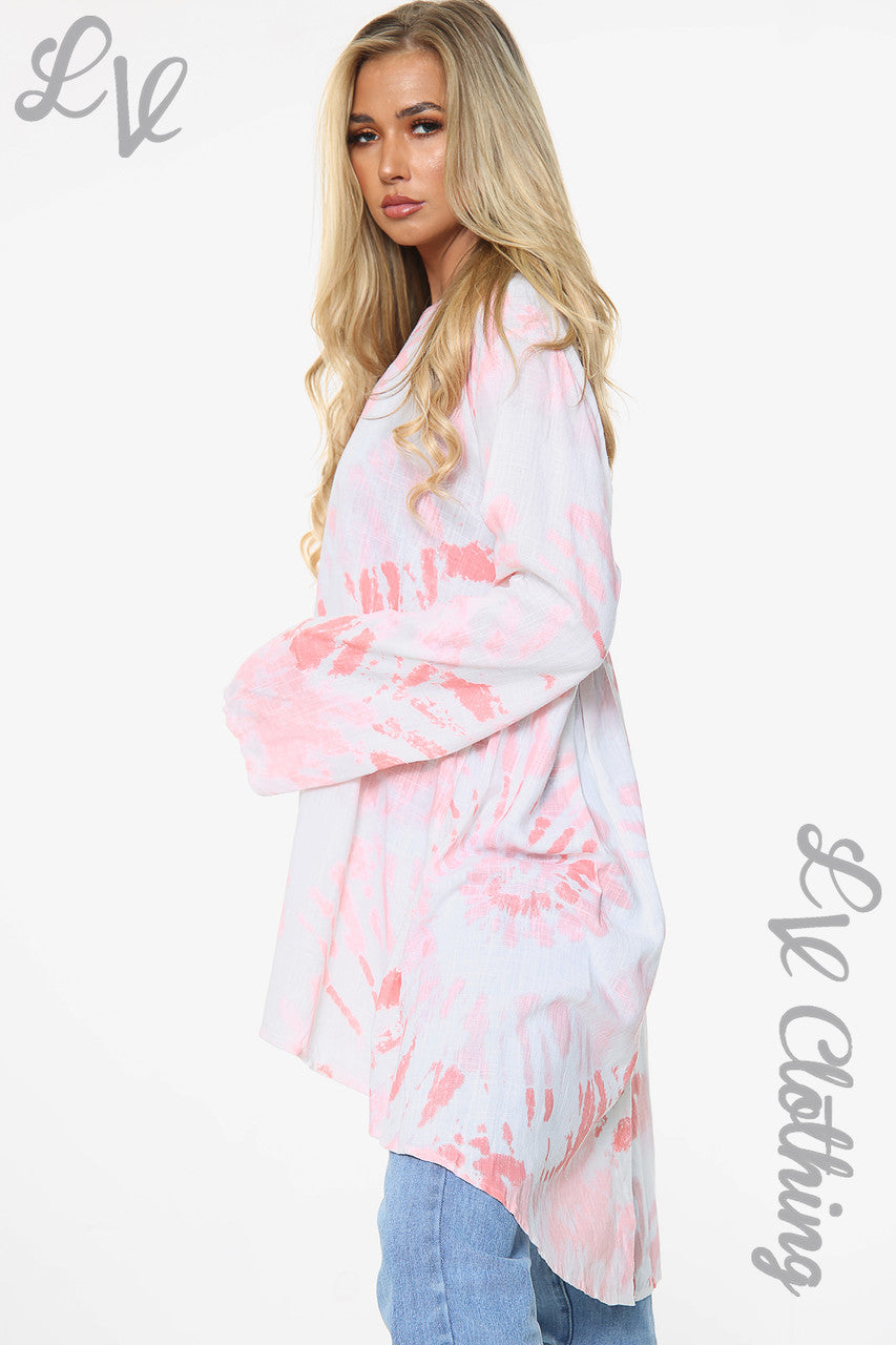 Dames Tie Dye Swirl Print Tuniek Top Met Knoopdetail Achterkant Roze Stukprijs £ 10,99