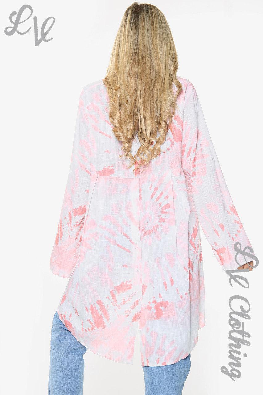 Dames Tie Dye Swirl Print Tuniek Top Met Knoopdetail Achterkant Roze Stukprijs £ 10,99