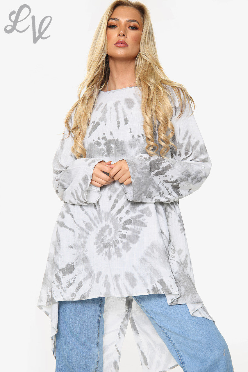 Ladies Tie Dye Swirl Print Tunic Top With Button Back Detail Grey Unit Price £10.99