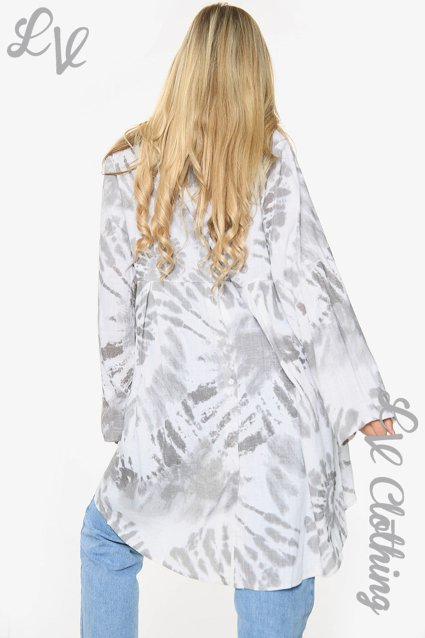 Ladies Tie Dye Swirl Print Tunic Top With Button Back Detail Grey Unit Price £10.99