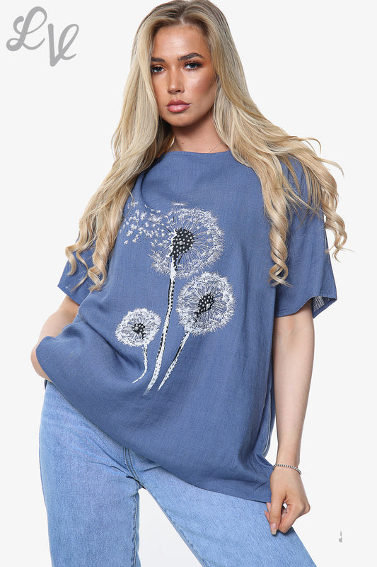 Ladies Dandelion Flower Print Top Dark Denim Blue Unit Price £8.99