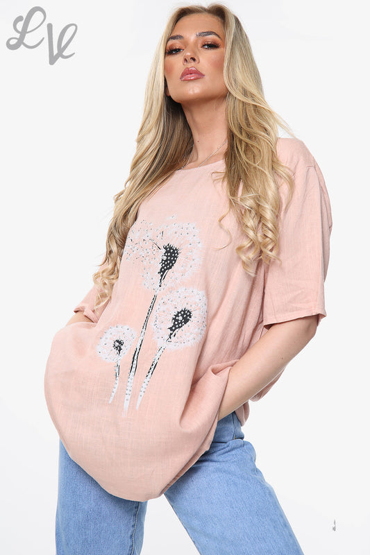 Ladies Linen Dandelion Flower Print Top Dusty Pink Unit Price £8.99