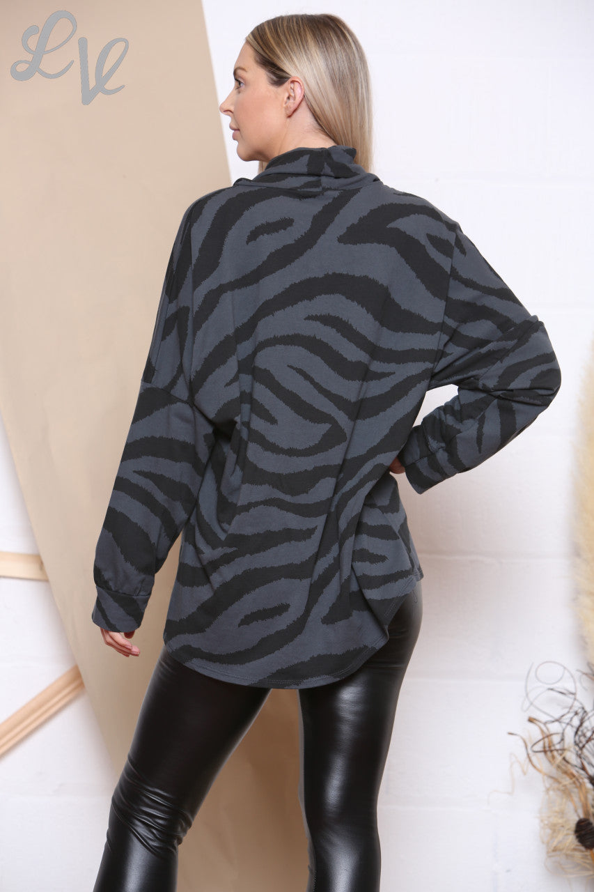 Ladies Zebra Print Cowl Neck Top Charcoal - Unit Price WAS £12.99 NOW £6.99