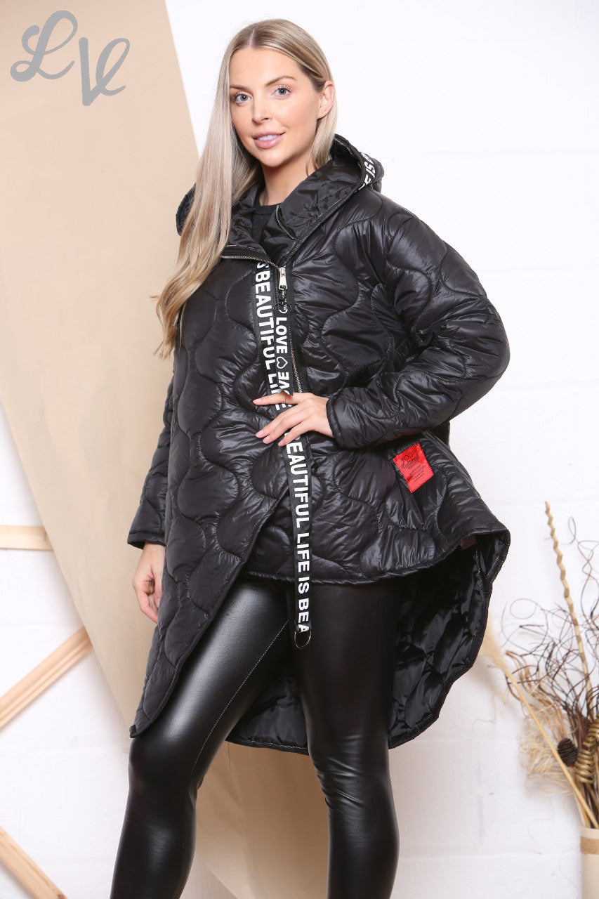 Dames 'Life is beautiful' Gewatteerde Jas Met Rits En Capuchon Zwart Stukprijs € 21,99