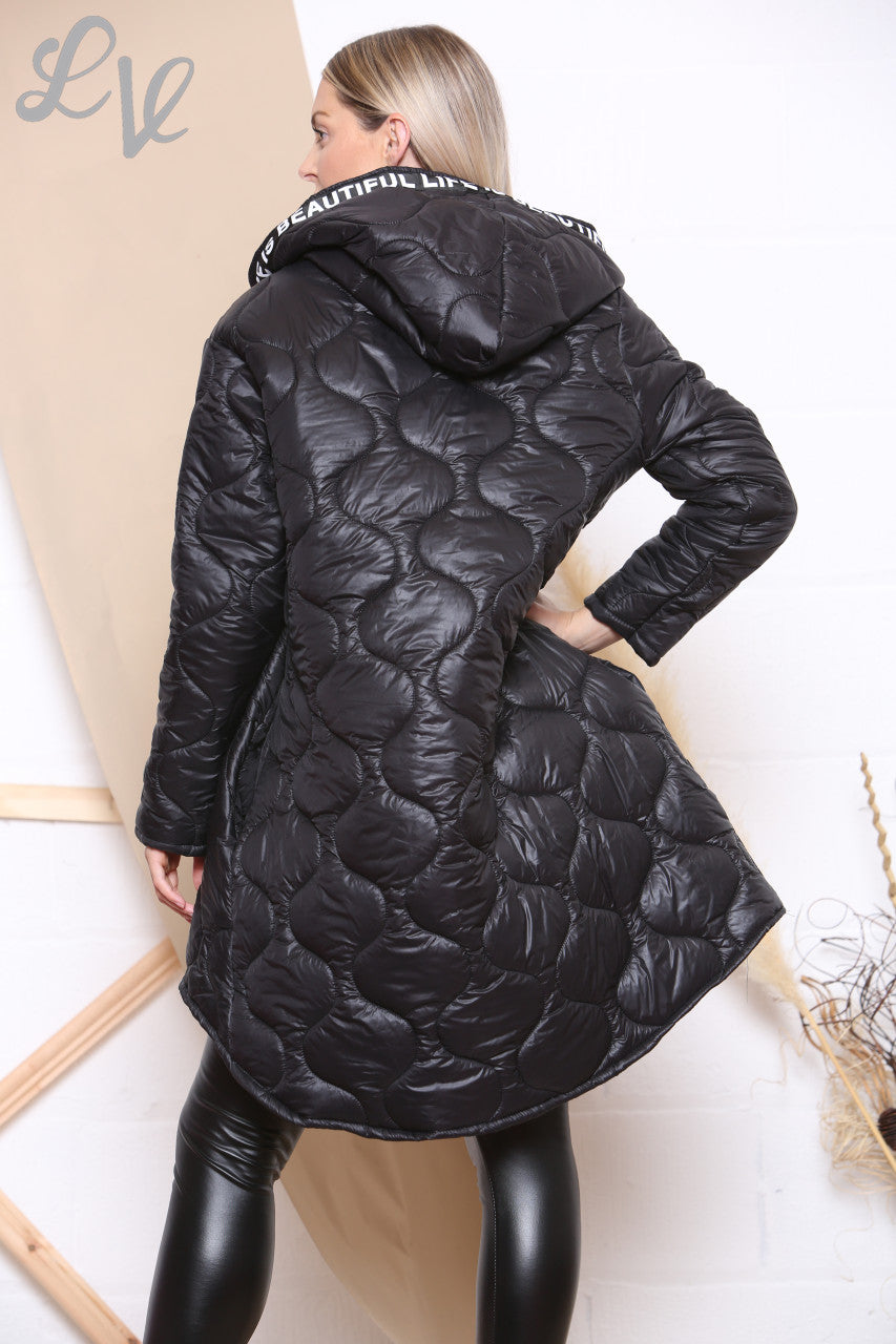 Dames 'Life is beautiful' Gewatteerde Jas Met Rits En Capuchon Zwart Stukprijs € 21,99