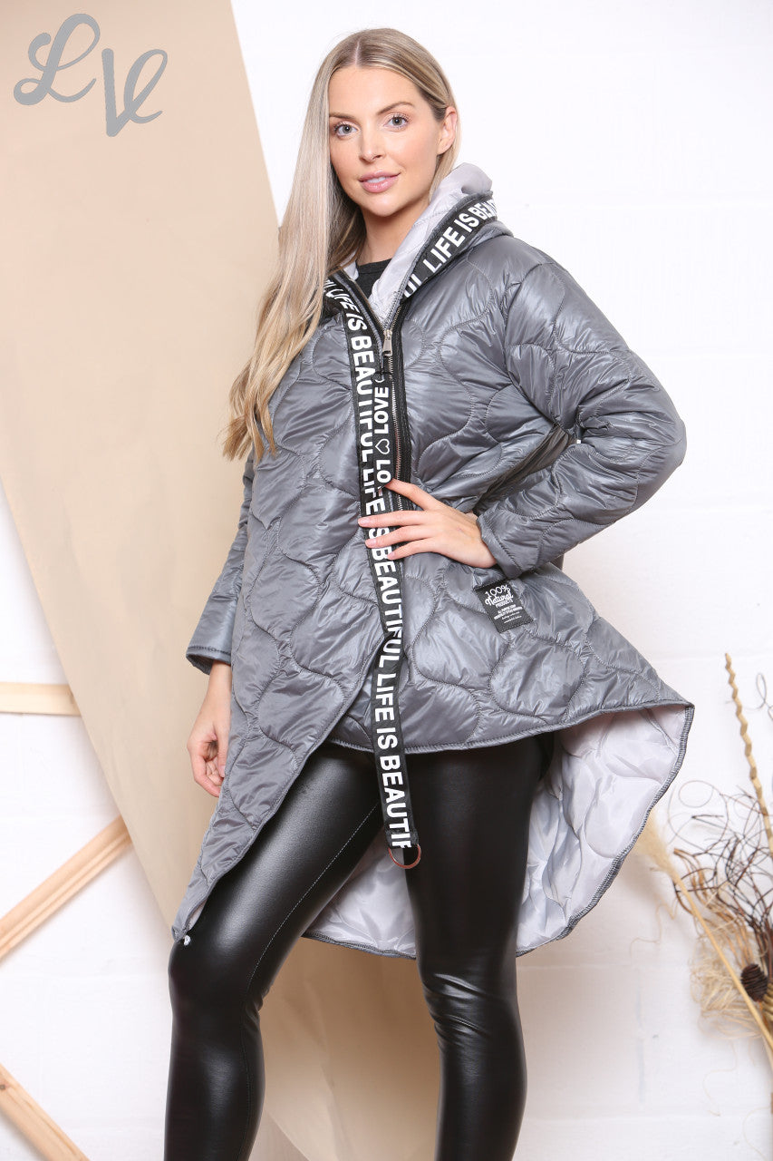 Ladies 'Life is beautiful' Zipper Quilted Padded Coat With Hood Grey Unit Price £21.99
