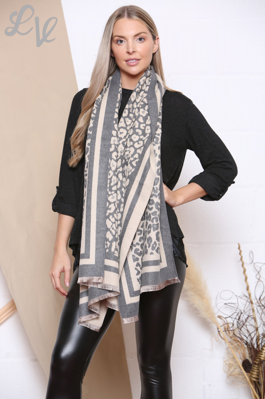 Ladies Leopard Print Scarf Border Grey Unit Price £8.99