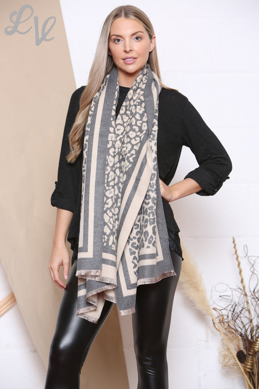 Dames Sjaal met Luipaardprint Rand Grijs Stukprijs €8,99