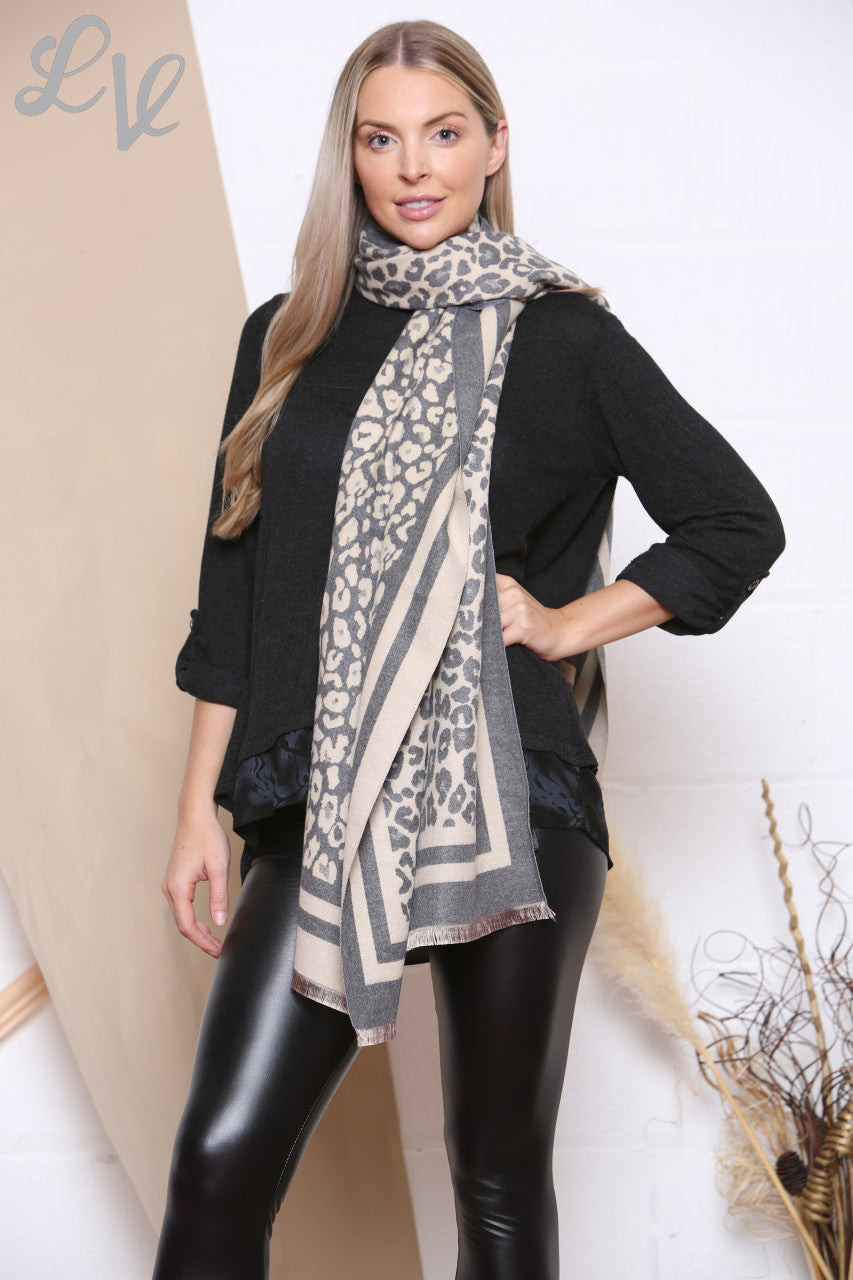 Ladies Leopard Print Scarf Border Grey Unit Price £8.99