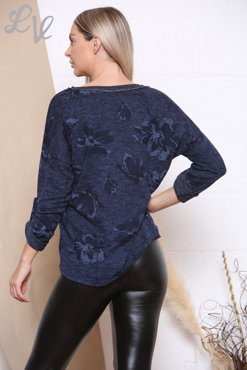 Dames Marl Top met Bloemenprint Marineblauw - Prijs per stuk € 7,99
