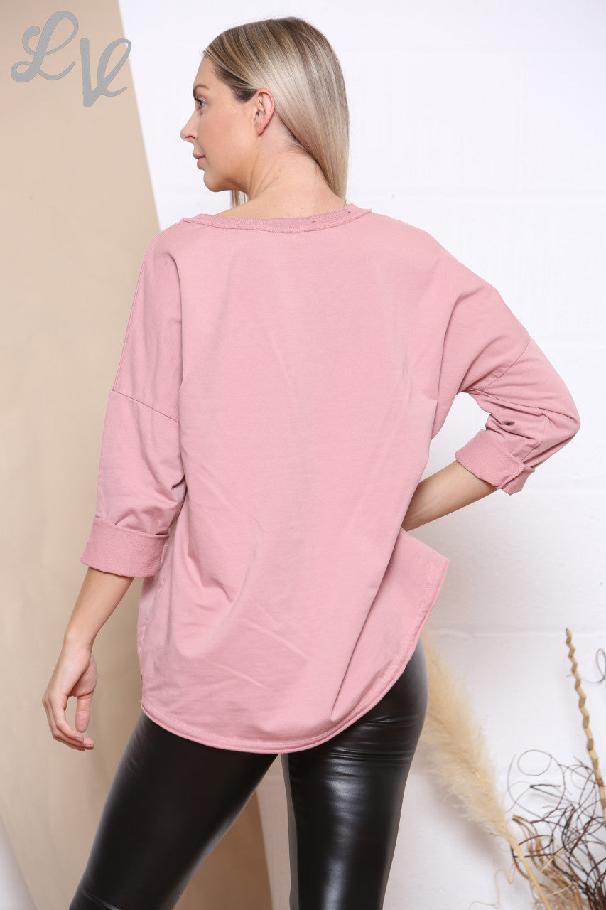 Ladies Silver Heart Print Italian Top Dusty Pink Unit Price £7.99