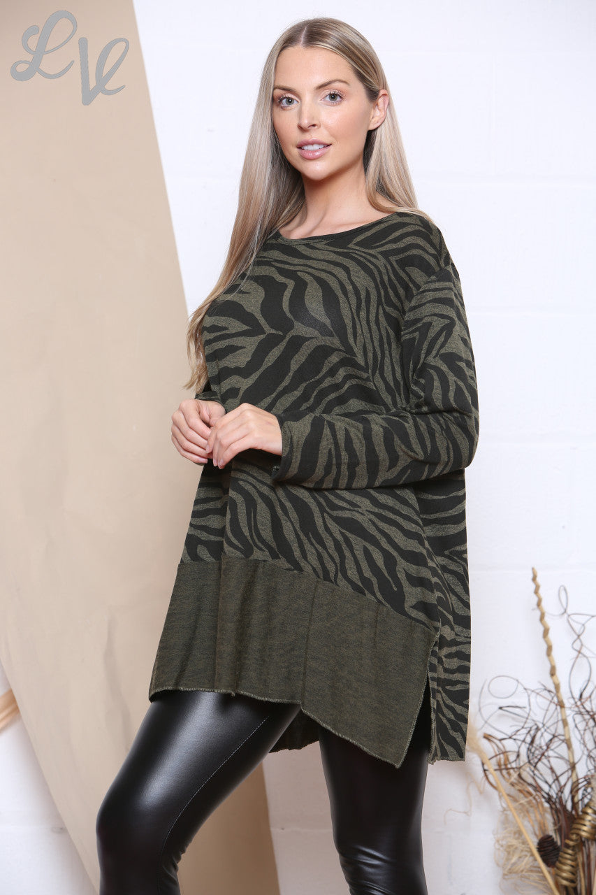 Ladies Zebra Print Split Hem Top Khaki Unit Price £8.99