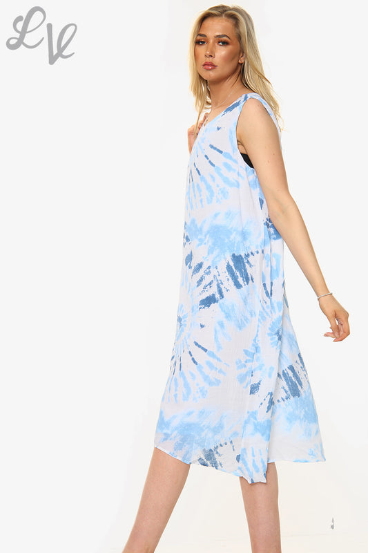 Dames Tie Dye Spiraalprint Mouwloze Jurk Denim Eenheidsprijs €10.99