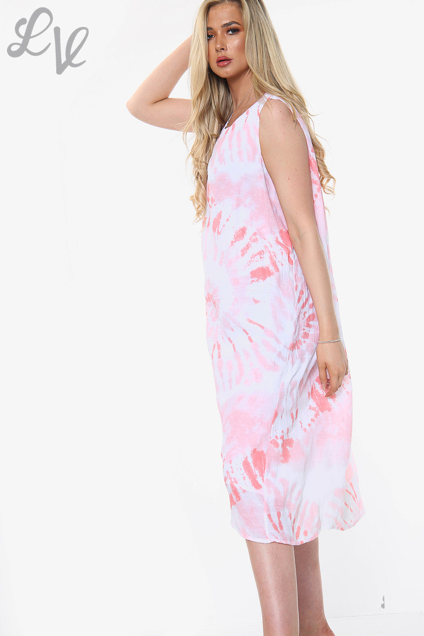 Dames Mouwloze Jurk Roze met Tie Dye Swirl Print Stukprijs € 10,99