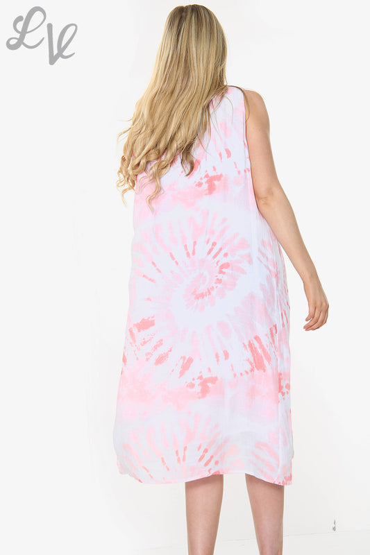 Dames Mouwloze Jurk Roze met Tie Dye Swirl Print Stukprijs € 10,99