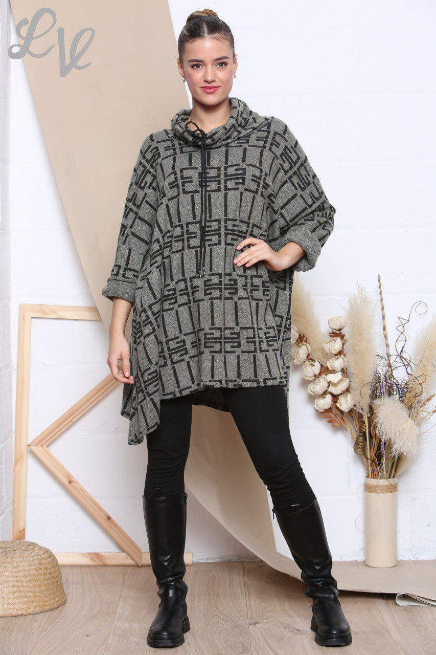 Damesbedrukte Tuniektop met Strikkraag Khaki Stukprijs €8,99