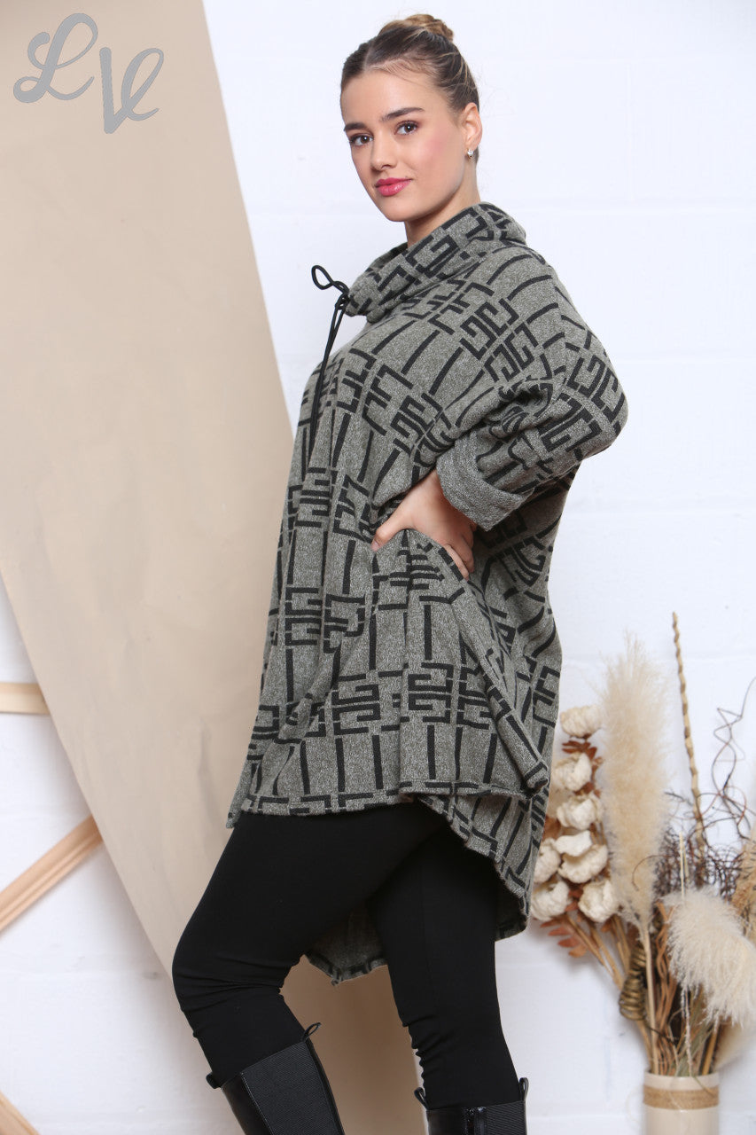 Damesbedrukte Tuniektop met Strikkraag Khaki Stukprijs €8,99