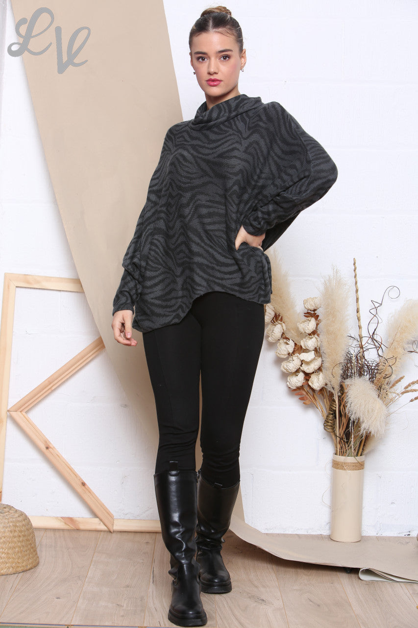 Ladies Animal Print Roll Neck Top Charcoal Unit Price WAS £13.99 NOW £9.99